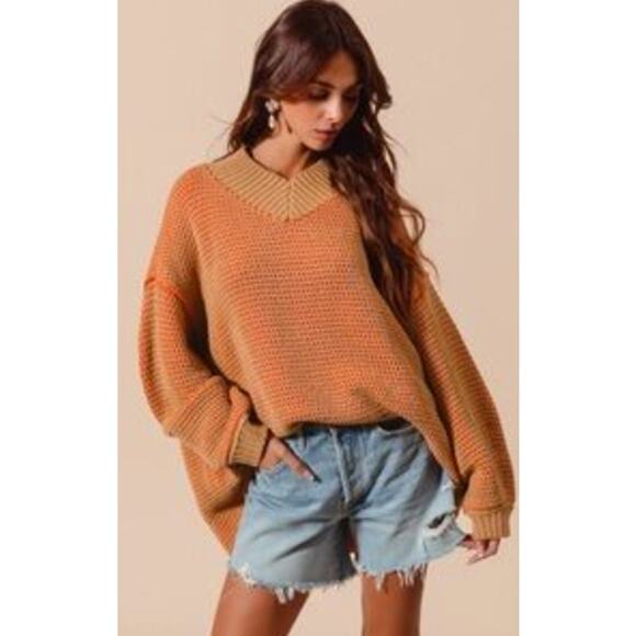 Free people orange tan v neck oversized sweater - Picture 8 of 8